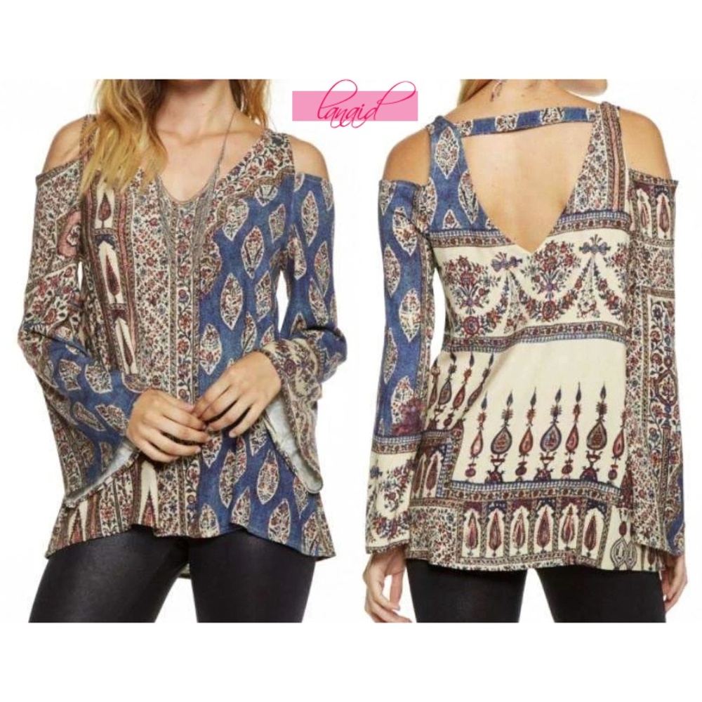Chaser Double V Cold-Shoulder Cut-Out Cutouts Open Back Paisley Bell Sleeve Top